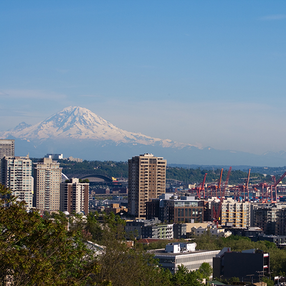 Mt Rainier over port of Seattle